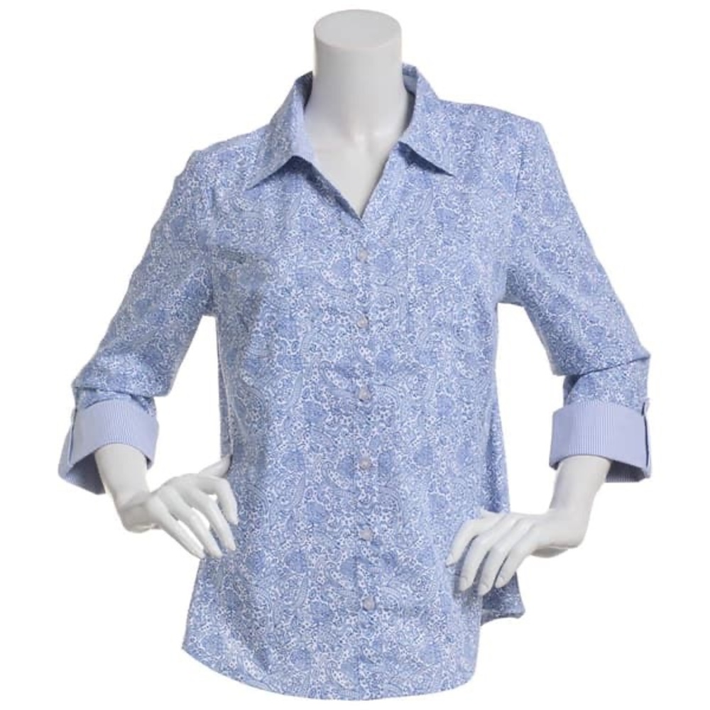 Emily Daniels Paisley Knit To Fit Button Down Women's Blue Shirt L